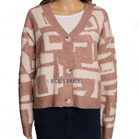 Debut Geometric Tan Cream Cropped Button Front Knit Sweater Cardigan Size M - Picture 3 of 11